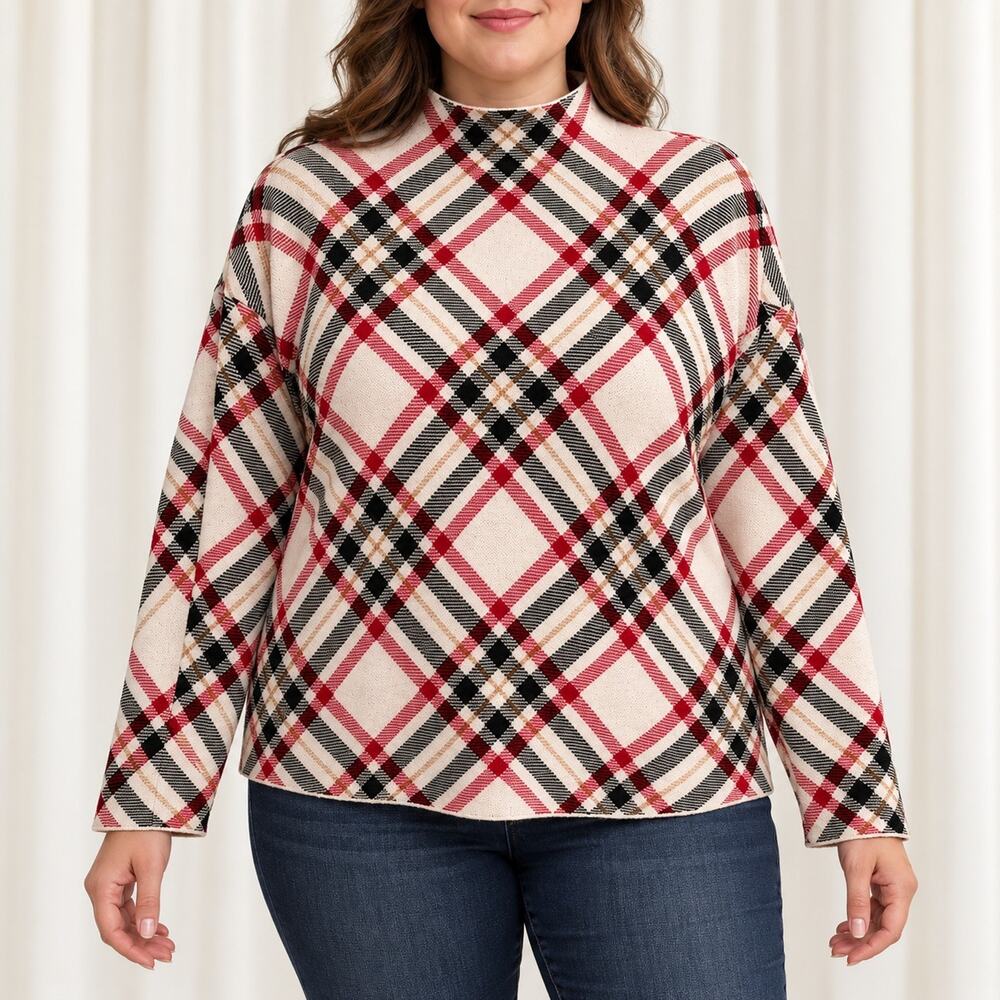 Tahari Sweater Womens XL Plaid Mock Neck Red Cream Black Knit Long Sleeve Preppy
